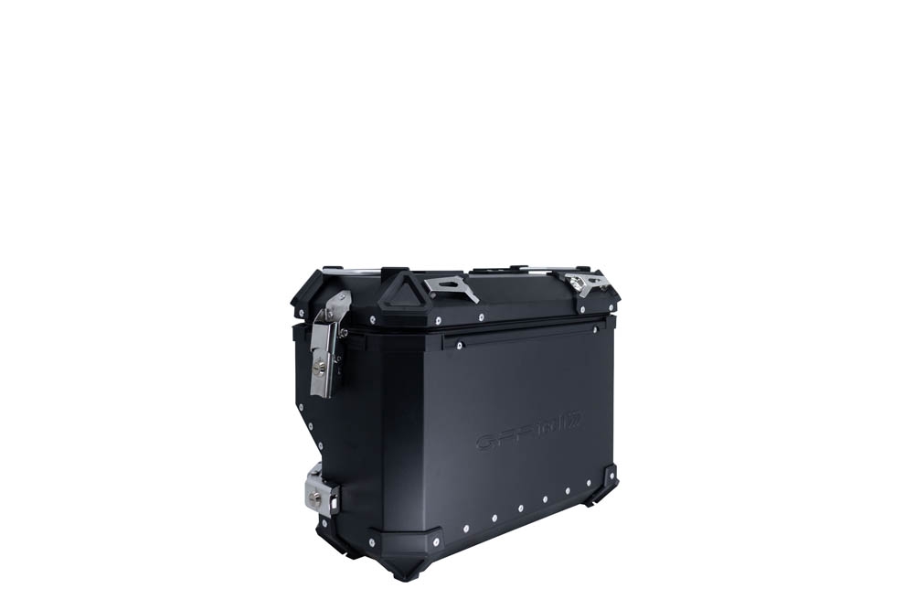 GPR TECH compatible with  GPR TECH Pair of side cases aluminum made with contoured right side, black color with specific pannier holder Pair of side cases aluminum made with contoured right side, black color with specific pannier holder Capacity 38 LT. + 
