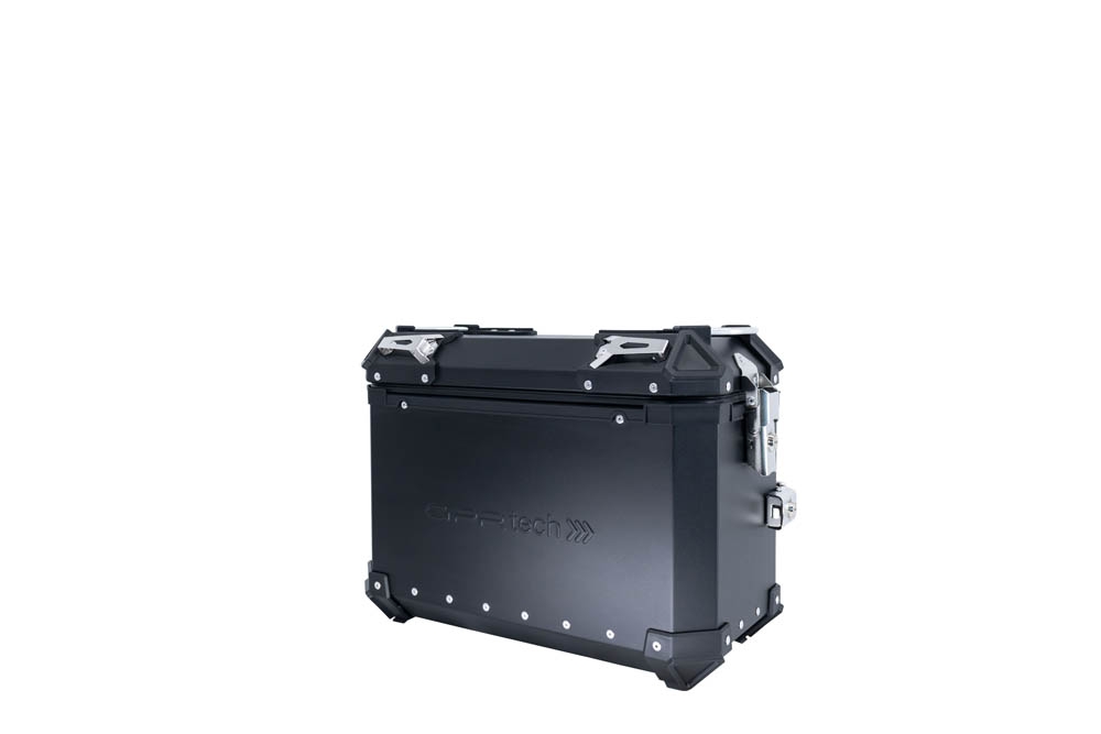 GPR TECH compatible with  GPR TECH Pair of side cases aluminum made with contoured right side, black color with specific pannier holder Pair of side cases aluminum made with contoured right side, black color with specific pannier holder Capacity 38 LT. + 