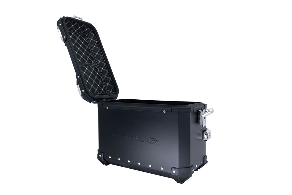 GPR TECH compatible with  GPR TECH Pair of side cases aluminum made with contoured right side, black color with specific pannier holder Pair of side cases aluminum made with contoured right side, black color with specific pannier holder Capacity 38 LT. + 