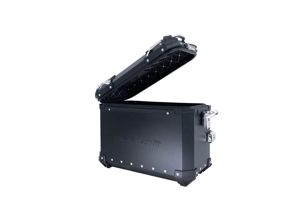 GPR TECH compatible with  GPR TECH Pair of side cases aluminum made with contoured right side, black color with specific pannier holder Pair of side cases aluminum made with contoured right side, black color with specific pannier holder Capacity 38 LT. + 