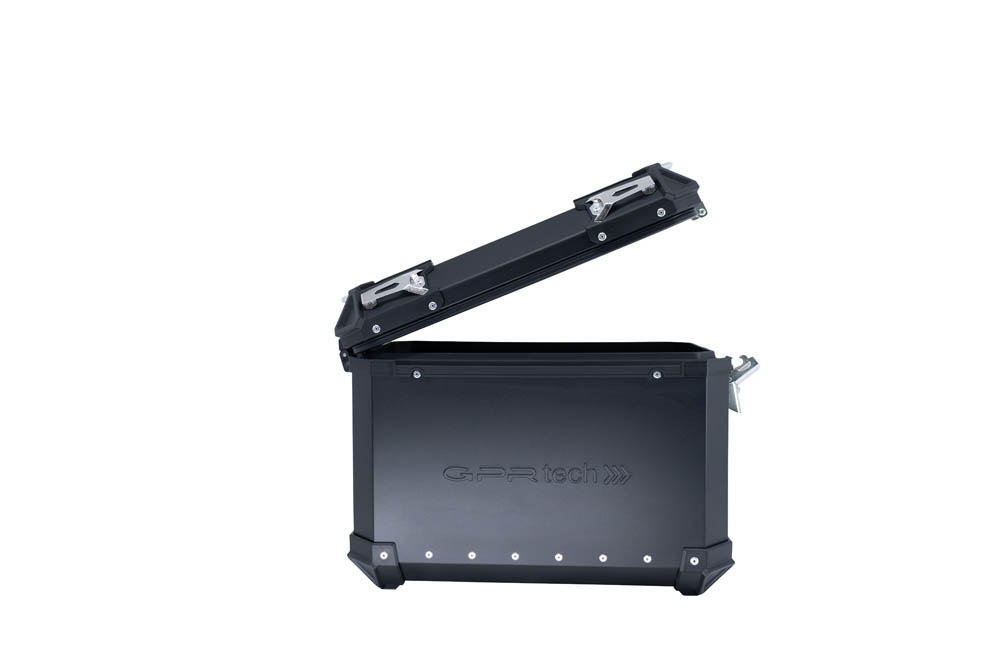 GPR TECH compatible with  GPR TECH Pair of side cases aluminum made with contoured right side, black color with specific pannier holder Pair of side cases aluminum made with contoured right side, black color with specific pannier holder Capacity 38 LT. + 