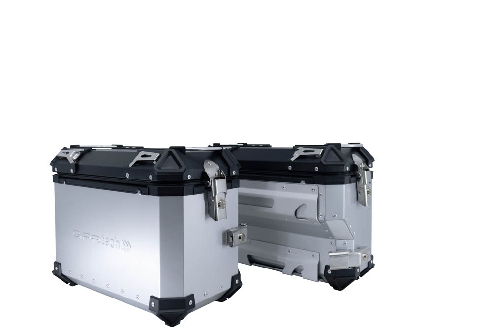 GPR TECH compatible with  GPR TECH Pair of side cases aluminum made with contoured right side, silver color with specific pannier holder Pair of side cases aluminum made with contoured right side, silver color with specific pannier holder Capacity 38 LT. 