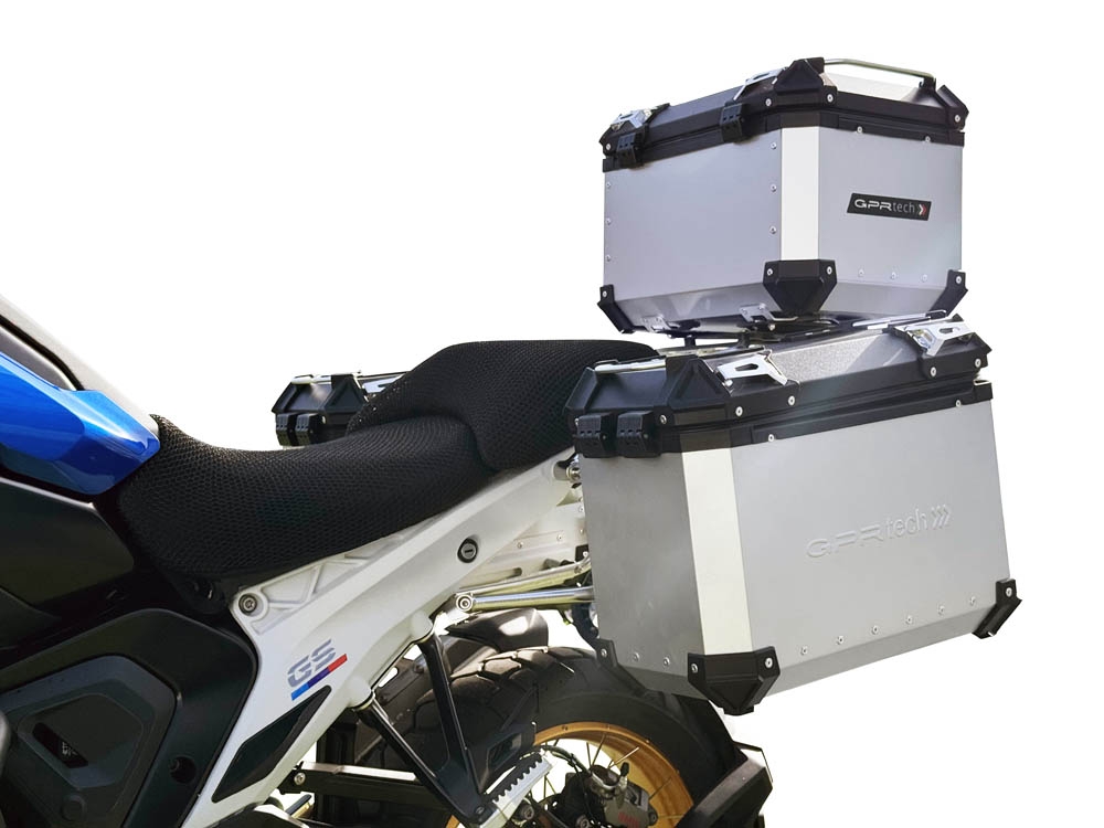 GPR TECH compatible with  GPR TECH Triptych kit made in silver color, with Top case 45 Lt + Side Cases 38 Lt + 38 Lt + general black rack holder Triptych kit made in silver color, with Top case 45 Lt + Side Cases 38 Lt + 38 Lt + general black rack holder 