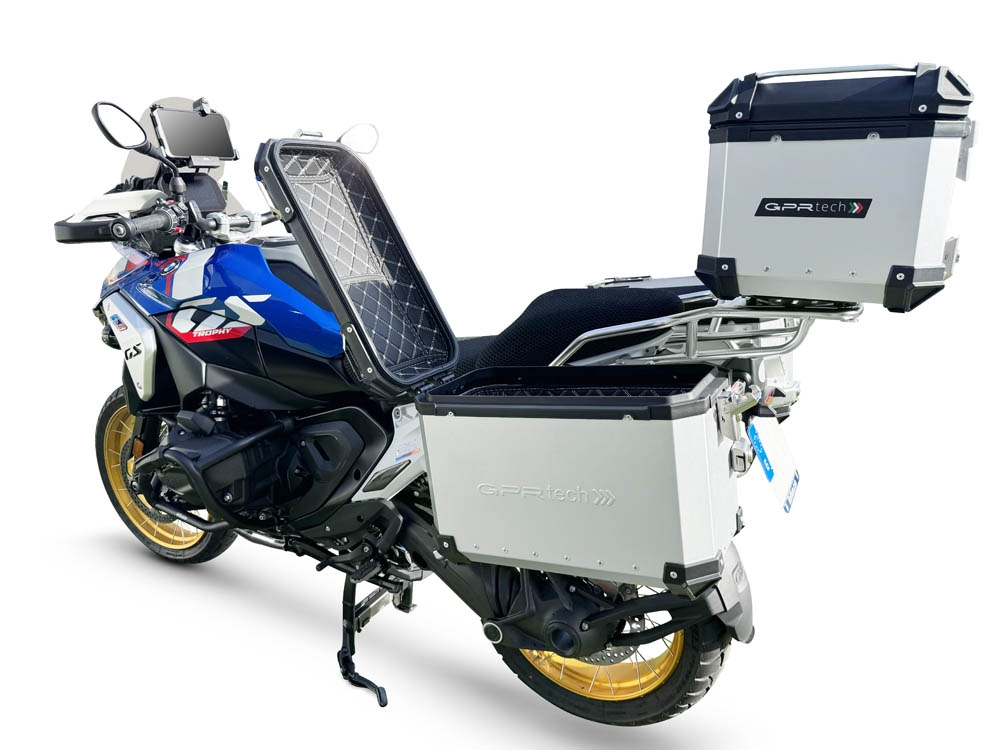 GPR TECH compatible with  GPR TECH Triptych kit made in silver color, with Top case 35 Lt + Side Cases 38 Lt + 38 Lt + general black rack holder Triptych kit made in silver color, with Top case 35 Lt + Side Cases 38 Lt + 38 Lt + general black rack holder 